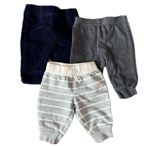 4/20$ Set of 3 baby pants 0-3months (navy, grey striped and dark grey)